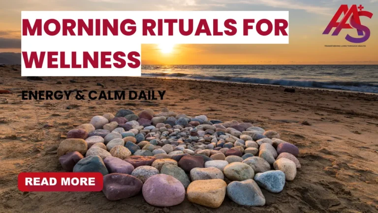 Colorful stone spiral on a serene beach during sunrise, representing peaceful morning rituals for wellness and inner calm